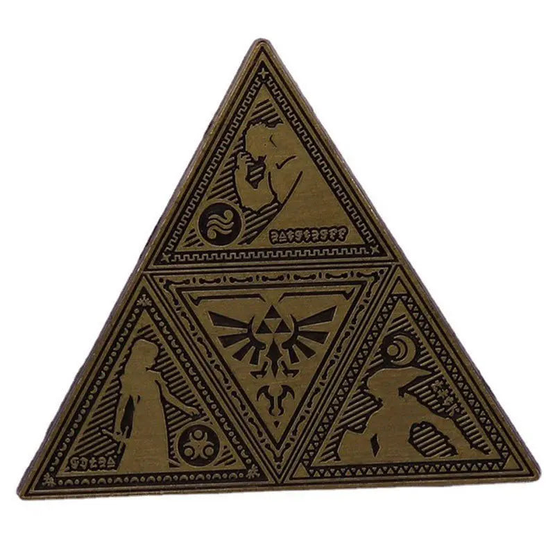 A set of enamel pins featuring geometric and stylized cartoon designs on a brown fabric background.