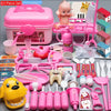 A pink kids doctor role play kit featuring a stethoscope, various medical tools, and a pink toy doctor.