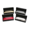 A black carrying case open to reveal a gold-colored harmonica inside.