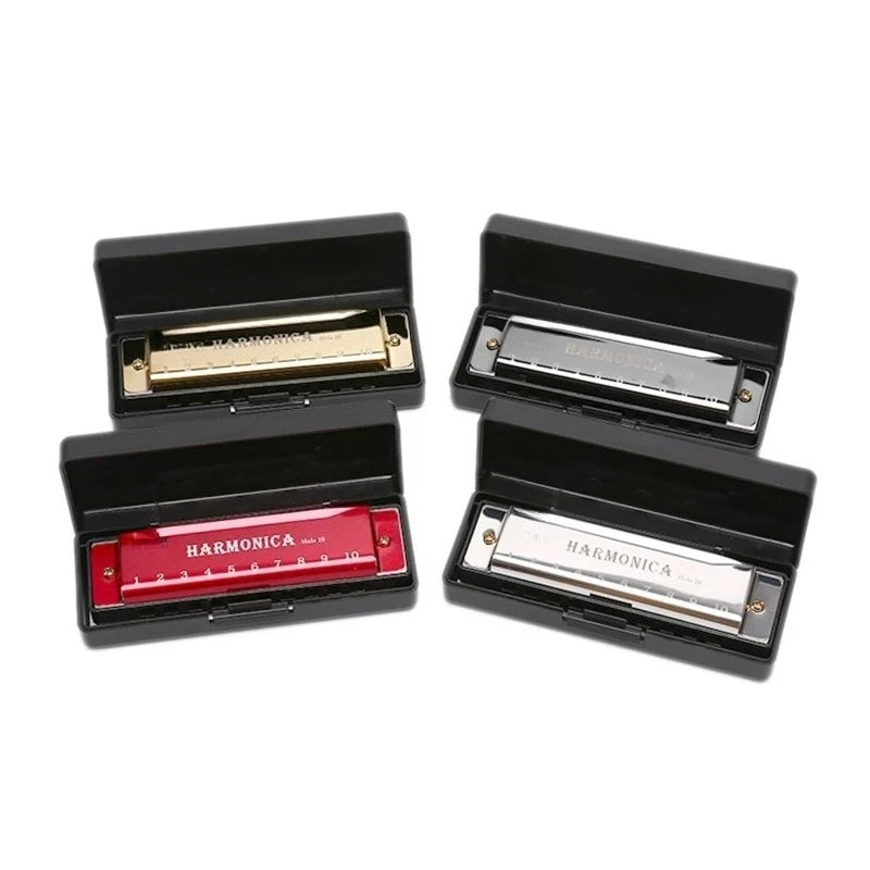 A black carrying case open to reveal a gold-colored harmonica inside.