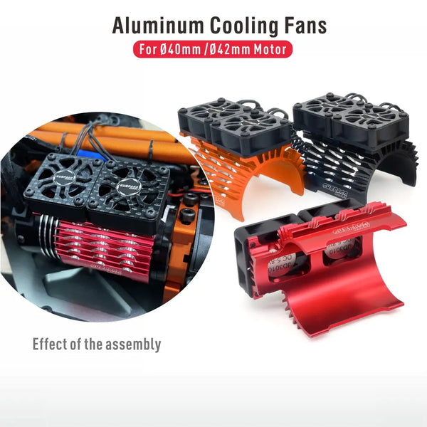Set of aluminum cooling fans for 040mm/042mm motors showing various fan assemblies and components.