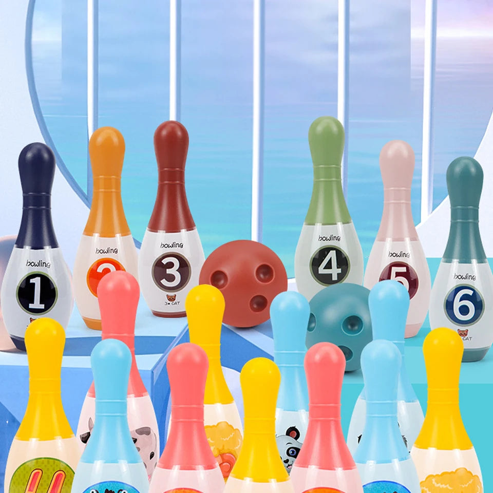 A colorful soft foam bowling set for kids featuring numbered pins and animal designs.