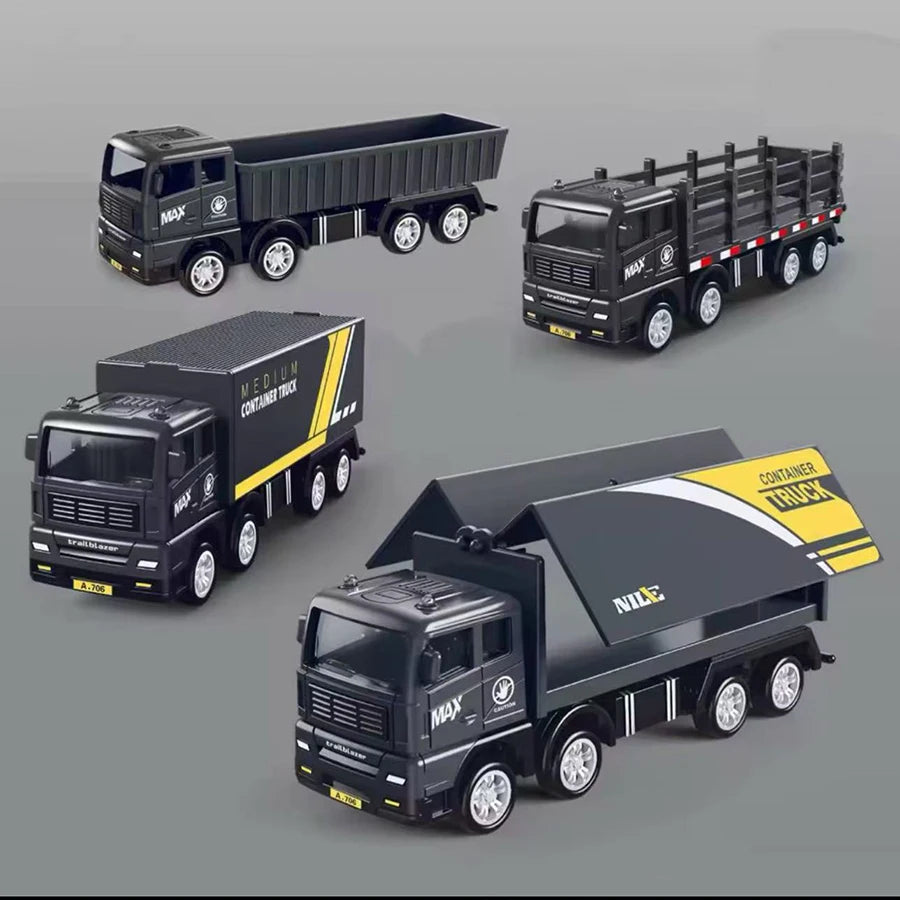 A set of black pull-back container truck toys for kids, including a MAX and MEDIUM model.