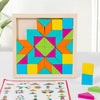 A wooden geometric shape puzzle featuring colorful blocks arranged in a square frame.