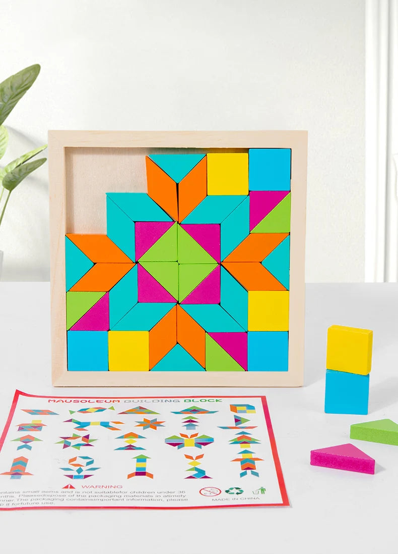 A wooden geometric shape puzzle featuring colorful blocks arranged in a square frame.