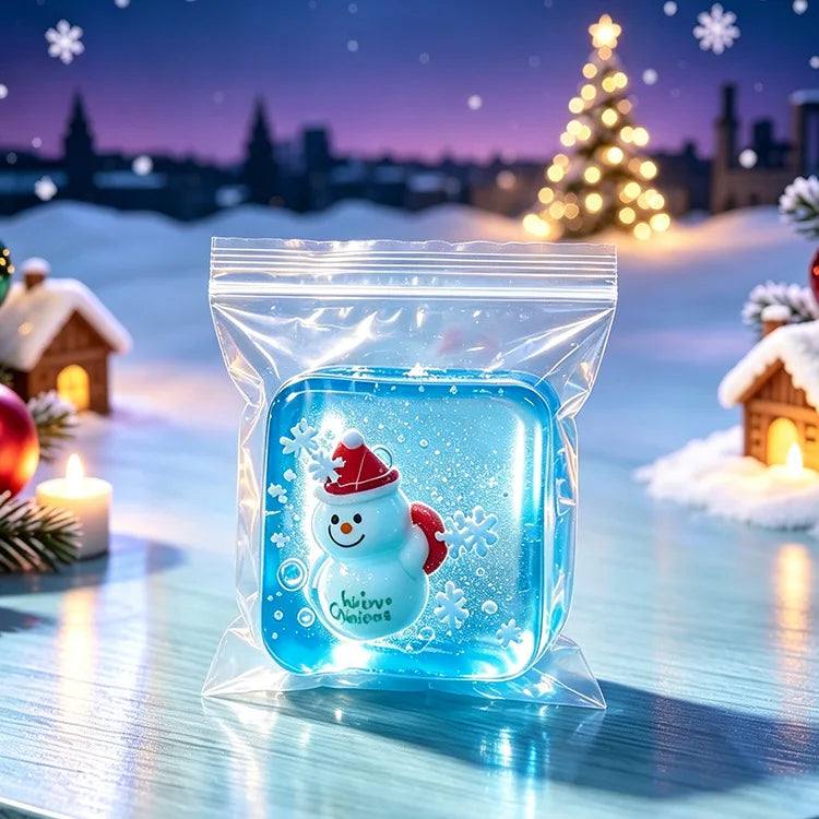 A clear blue squeeze fidget cube shaped like a snowman with festive holiday characters resting on a snowy surface.