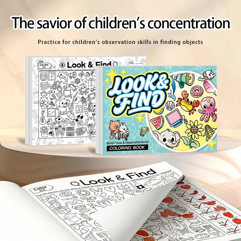 A set of Look & Find activity books for children featuring hidden objects and coloring pages.