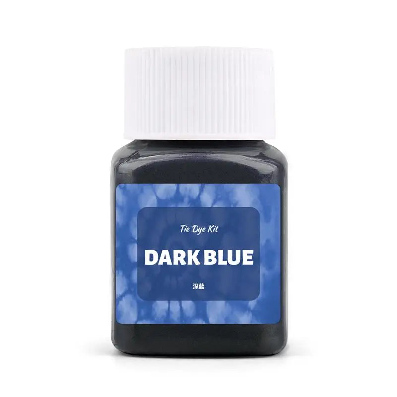 Dark blue textile fabric dye kit in a glass bottle with a white cap