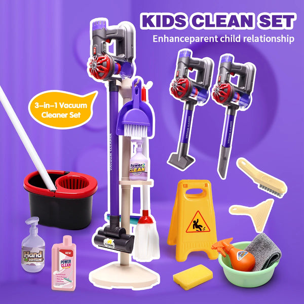 A kids clean set featuring a vacuum cleaner, various tools, and accessories for pretend play.