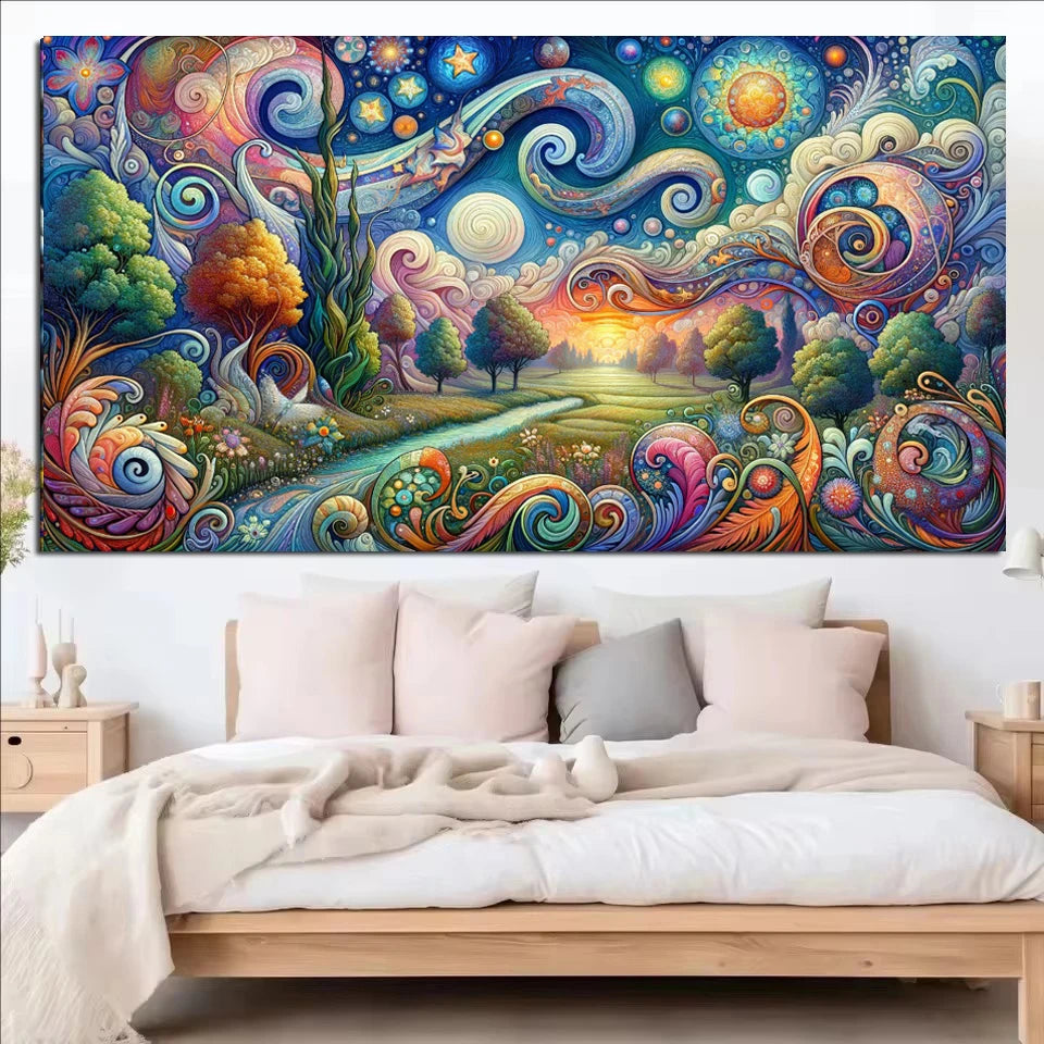 A vibrant 5D diamond painting kit featuring a landscape inspired by Van Gogh and Mucha art styles.