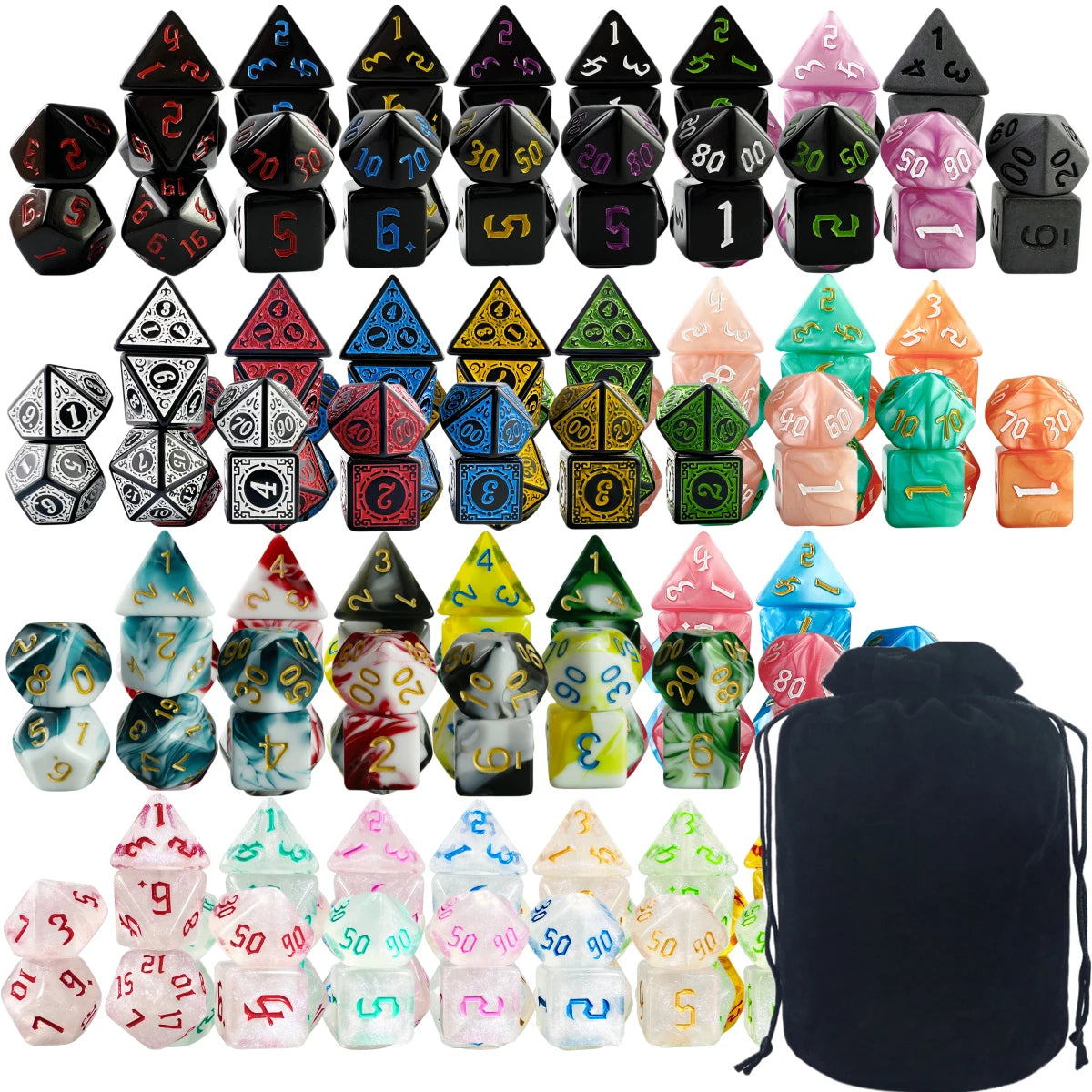 A collection of polyhedral dice in various colors and shapes displayed next to a black drawstring bag.