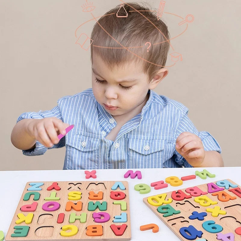 A young child is interacting with a colorful wooden alphabet and number puzzle for learning.