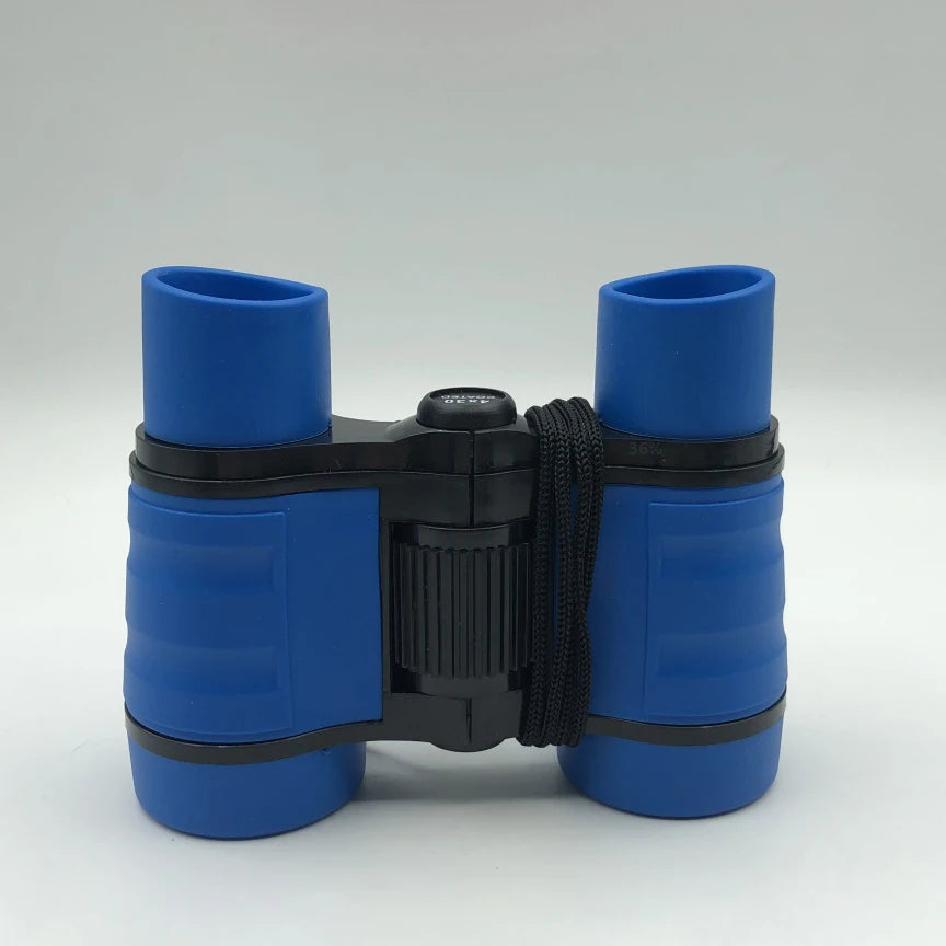 A pair of bright blue binoculars with black accents, shown against a light gray background.