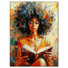 A vibrant painting of an African woman with curly hair holding a book, rendered in rich warm tones.