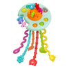 A colorful Montessori sensory pull string toy for babies and toddlers with various colored strings and components.