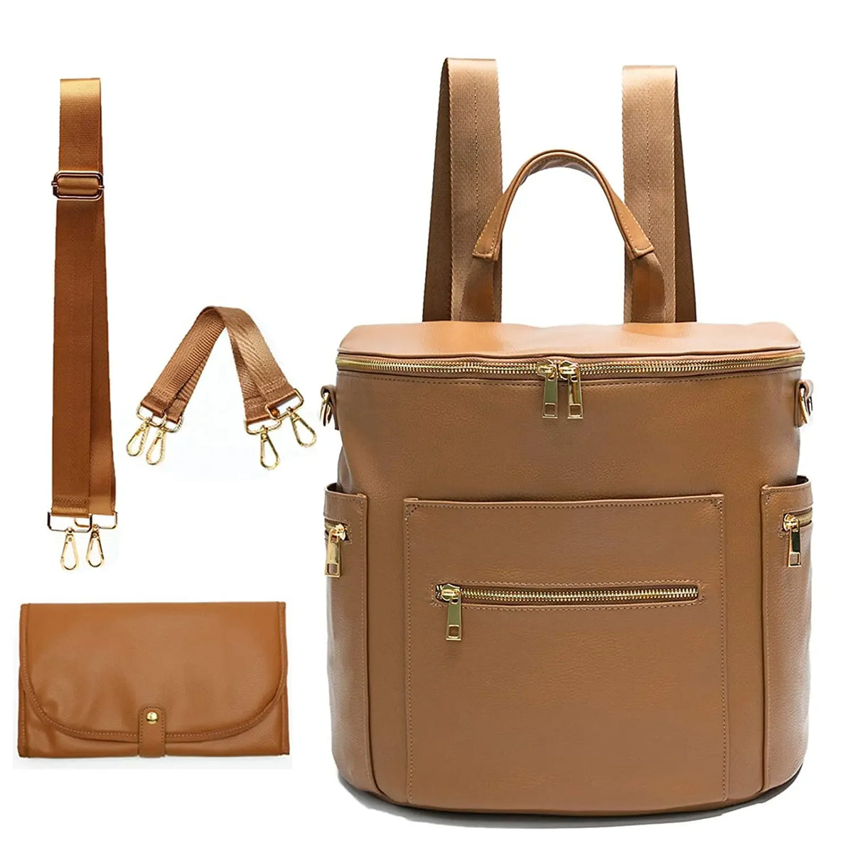 PU Leather Diaper Backpack with Changing Pad and Stroller Straps