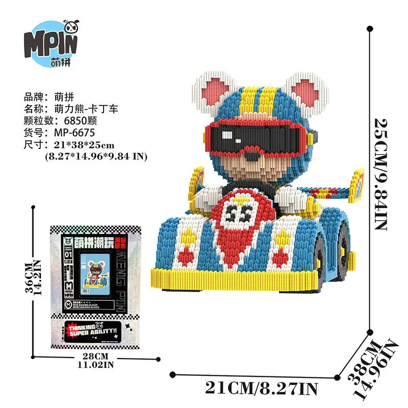 A colorful bear graffiti art micro building block kit featuring a face painted with black sunglasses and bright blue and yell