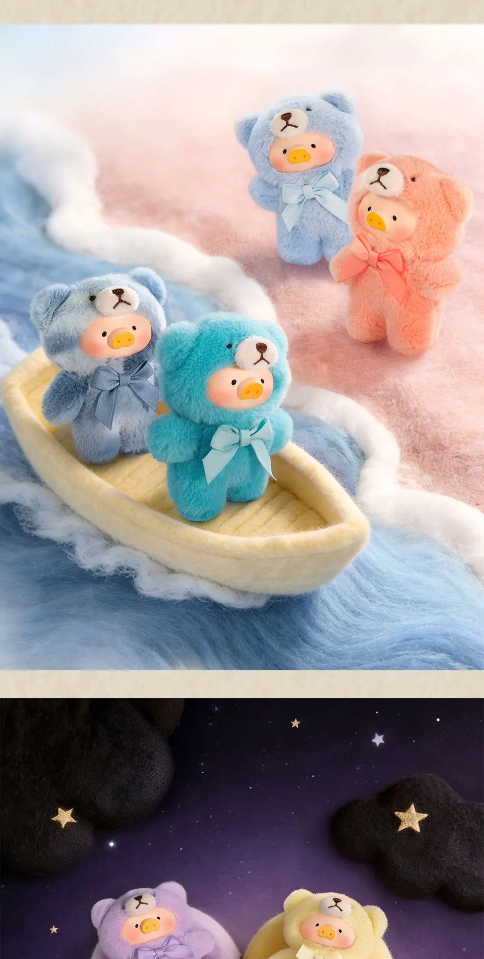 A collection of soft, fluffy teddy bears in various pastel colors and textures resting on a light wooden boat.