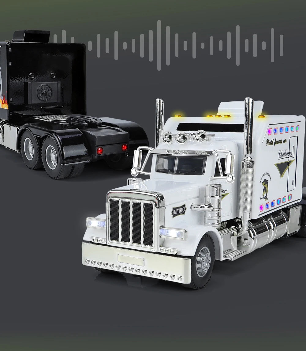 A white Peterbilt 389 1:24 scale diecast truck model with lights and sound.