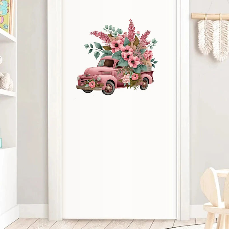 A pink vintage truck decorated with pink and green floral arrangements, used as a wall sticker for kids room decor.