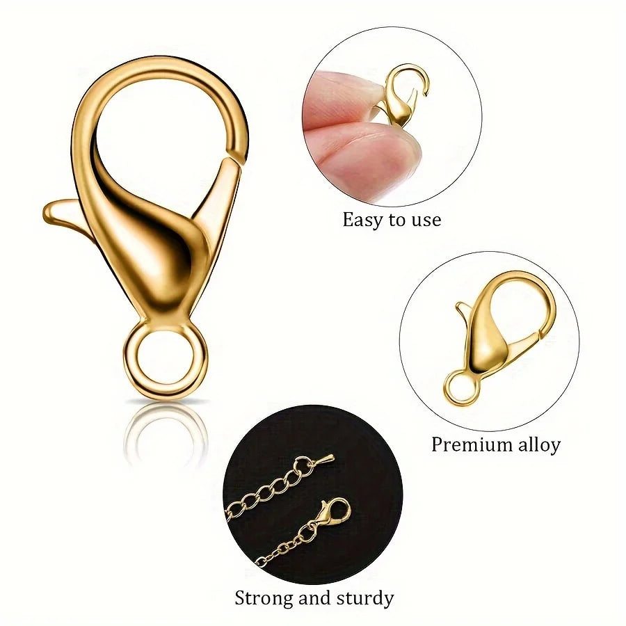 Gold-colored lobster clasps and open jump rings for jewelry making shown with usage tips.