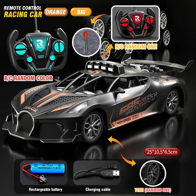 A black and orange remote control racing car with wheels, battery, and charging cable.