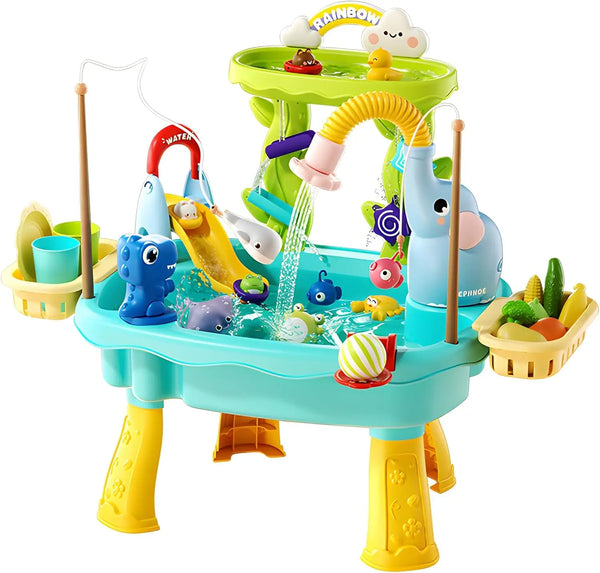 A colorful 4-in-1 sand and water play table featuring an electric pump, faucet, fishing game, and play food for children.