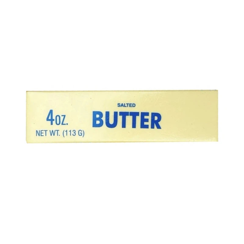 A yellow label for salted butter, 4 oz, with the word BUTTER printed in blue.