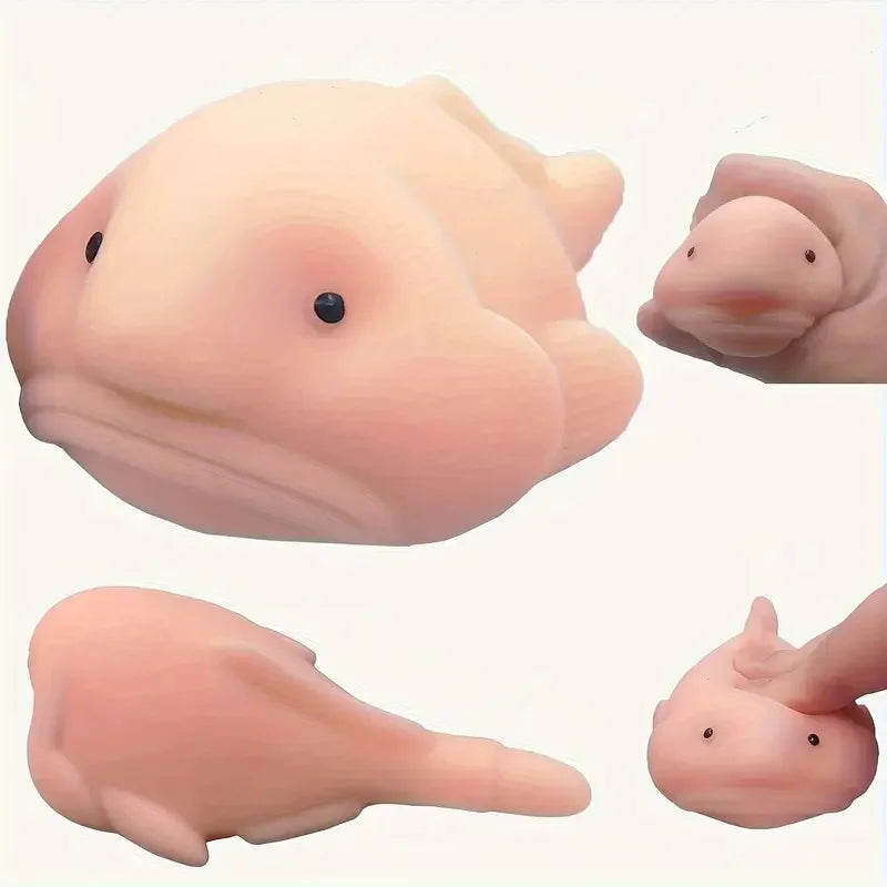 A pink squishy blobfish stress relief toy shown in various forms and angles.
