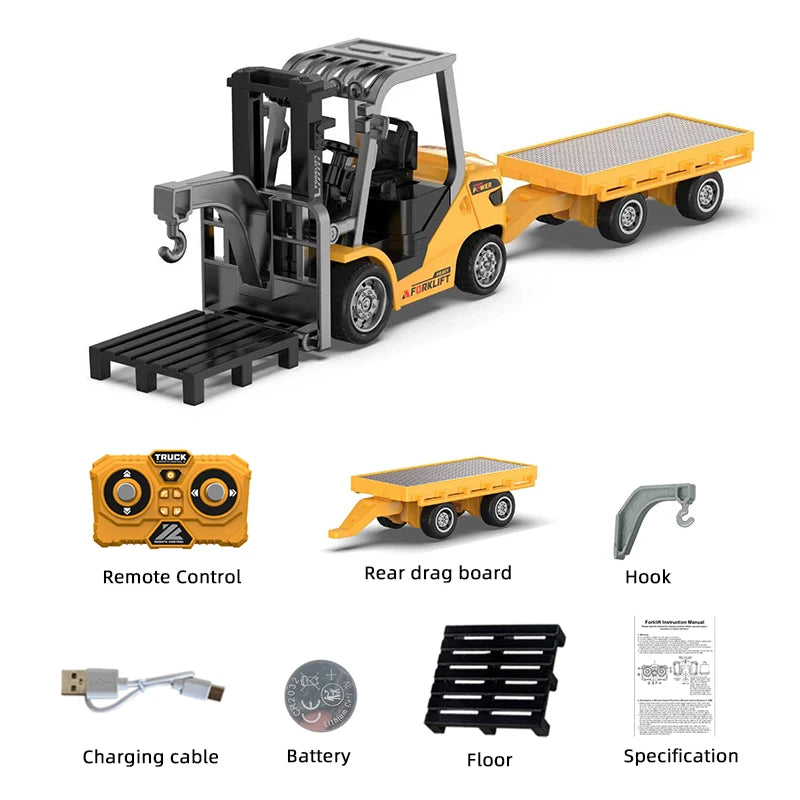A yellow mini RC excavator with a black cab and a wooden drag board, shown alongside its accessories.