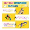 A rainbow colored butter stick squishy toy being pressed to relieve irritability.