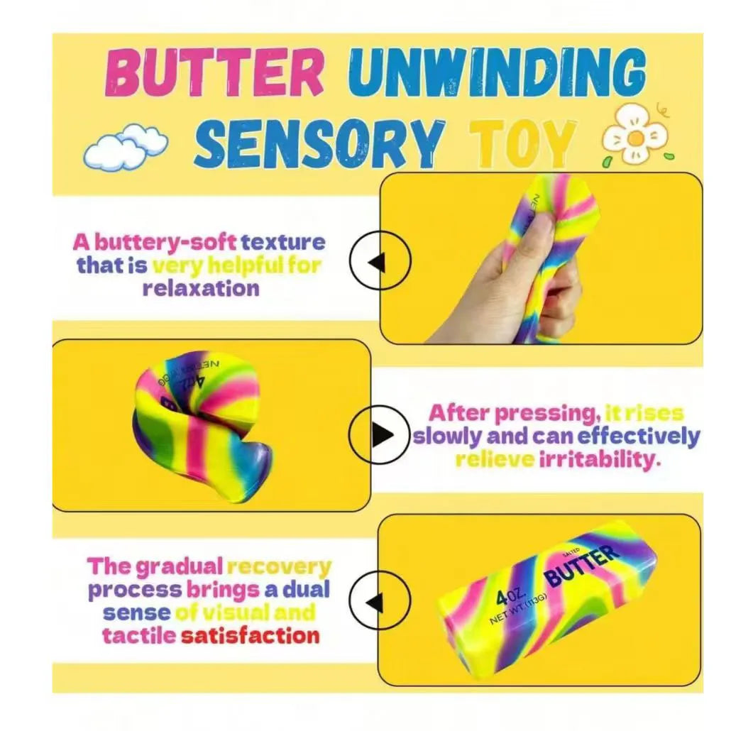 A rainbow colored butter stick squishy toy being pressed to relieve irritability.