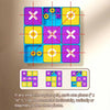 A colorful nine-square grid game board with magnetic pieces showing various combinations of X and O marks.