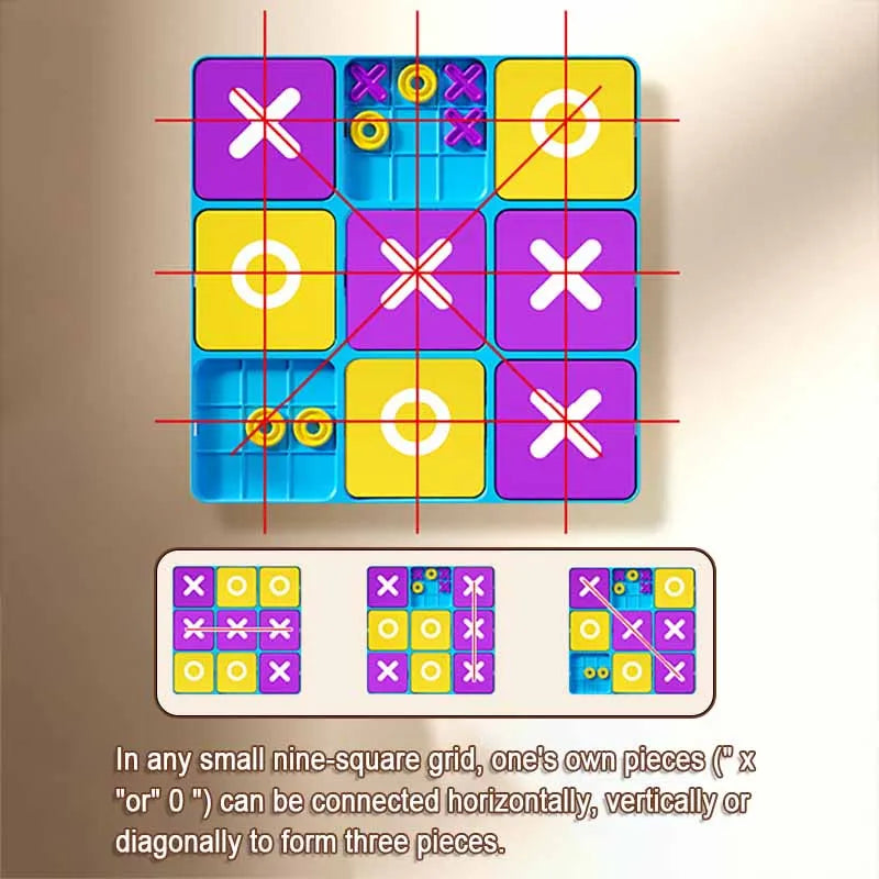 A colorful nine-square grid game board with magnetic pieces showing various combinations of X and O marks.