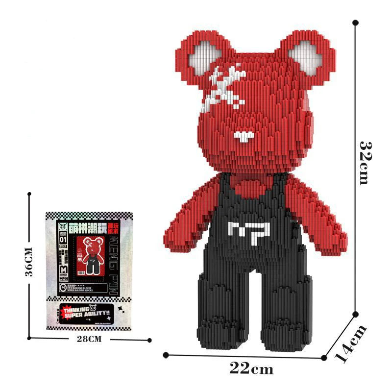 A red bear figure made of micro building blocks, shown next to a measuring scale.
