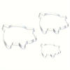 A set of three clear, pig-shaped stainless steel cookie cutters.