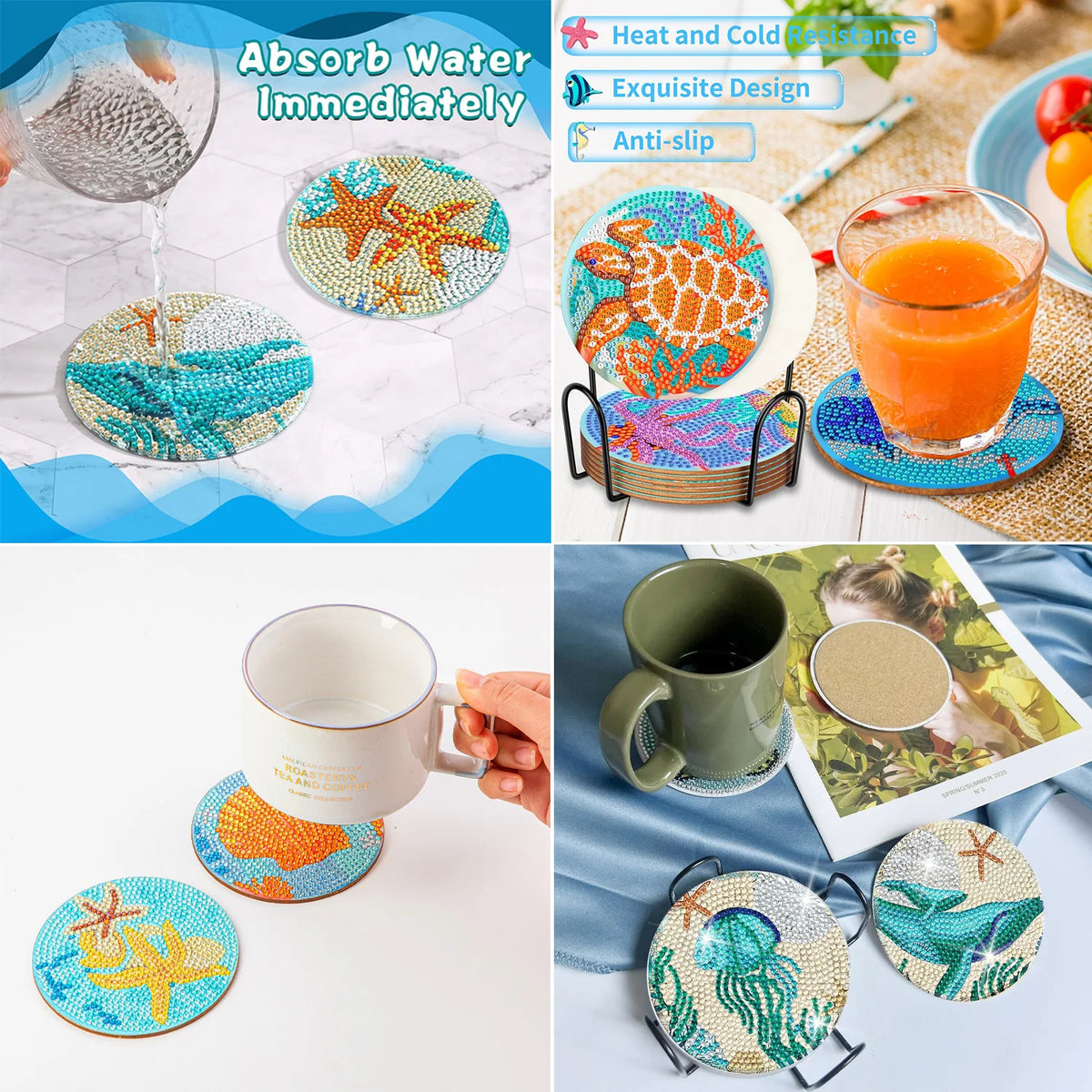 A set of mandala flower 5D diamond painting coasters in various colors and designs.