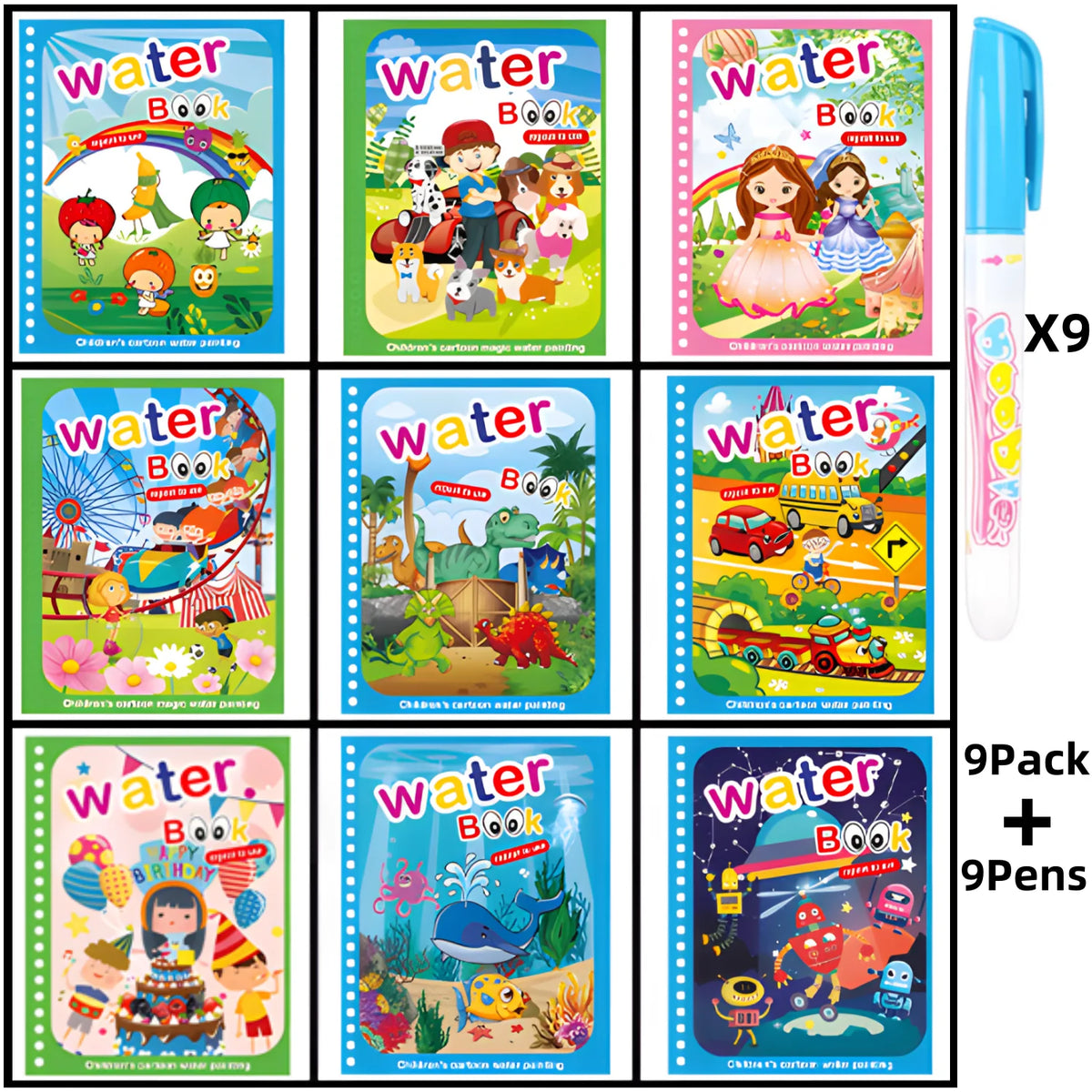 A set of nine mess-free water painting books featuring dinosaur and animal themes for children.