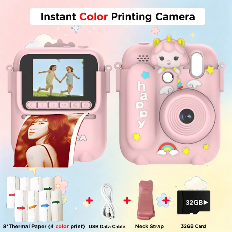 Pink instant color printing camera with thermal paper and USB cable for photo printing