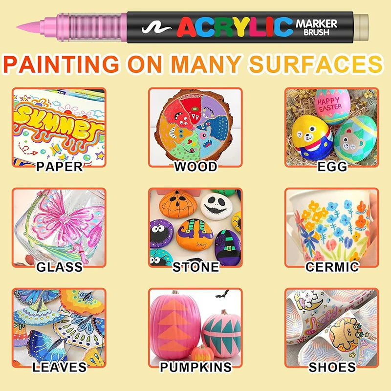 Acrylic paint pens set with flexible brush tips for painting on various surfaces like wood, glass, egg, ceramic, leaves, pump