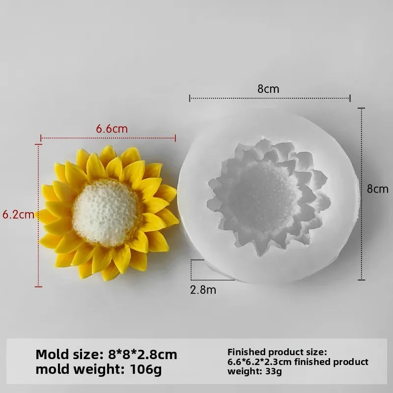 A silicone mold for candle making or soap crafting shaped like a sunflower, shown next to its finished product.