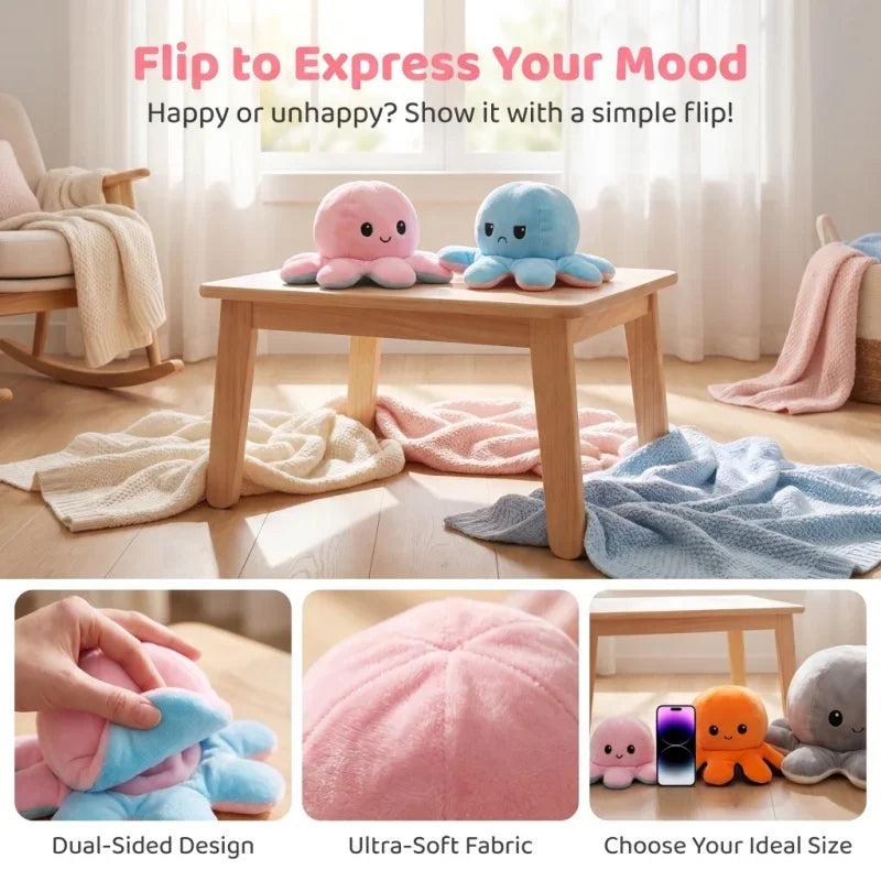 Two plush octopus toys, one pink and one blue, are displayed on a wooden table with soft fabric accessories.