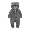 A gray baby bear fleece hooded romper with a zipper.