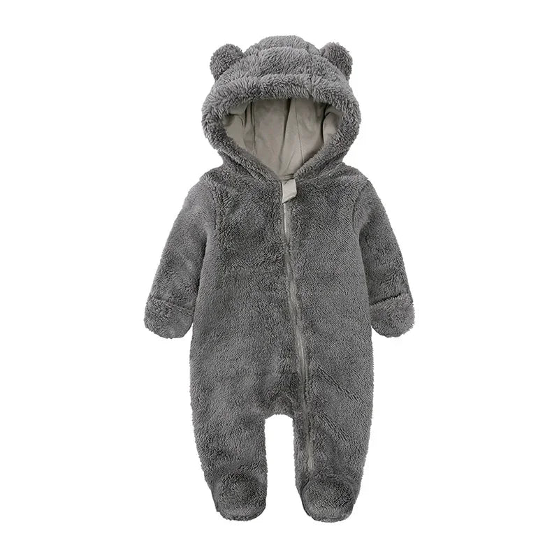 A gray baby bear fleece hooded romper with a zipper.