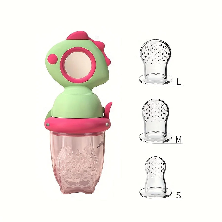A pink and green dinosaur-shaped rotating fruit feeder for babies with three sizes labeled S, M, and L.