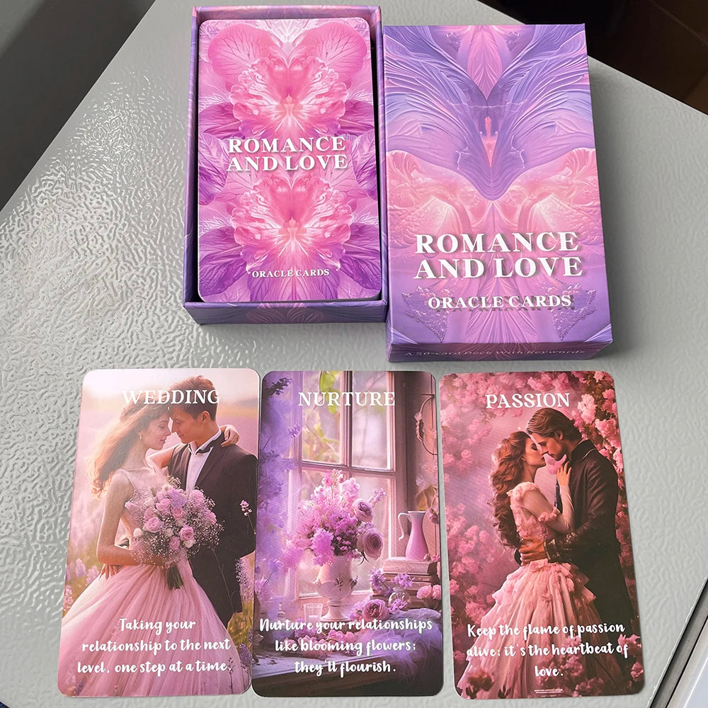 A set of Romance and Love oracle cards featuring illustrations of couples, flowers, and passionate themes.