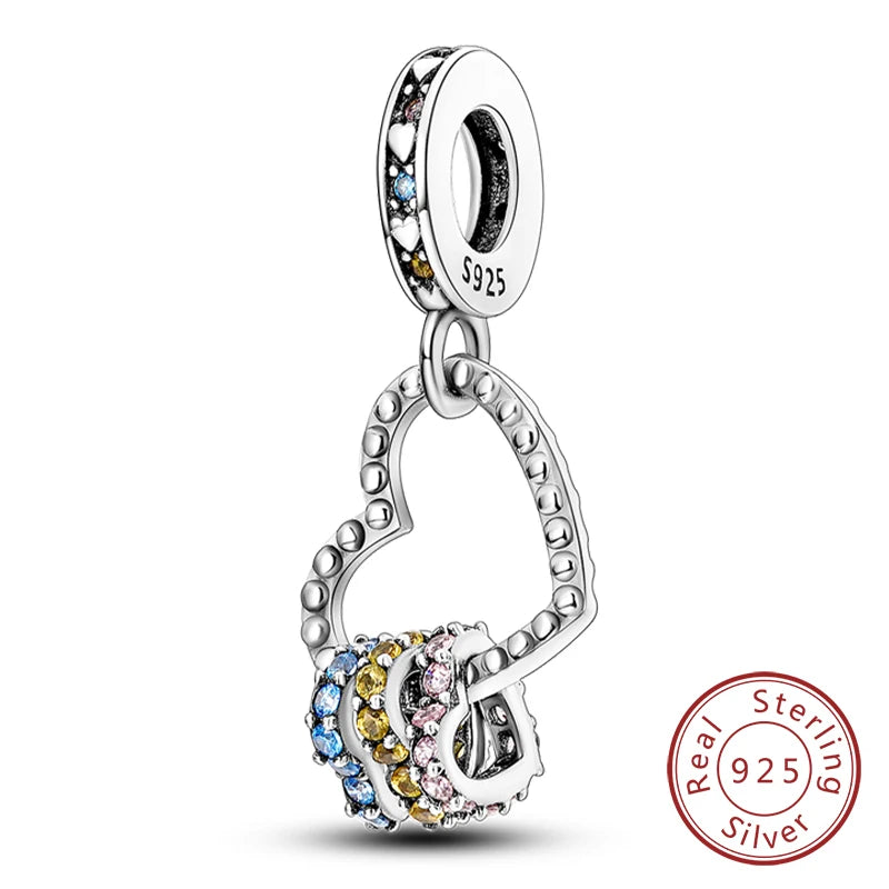 Sterling silver heart charm beads for bracelets featuring colorful gemstones