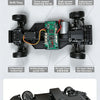 Professional grade chassis structure for a drift car featuring independent suspensions and high-power motors