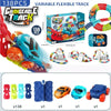 A set of 138 pieces of a variable flexible track for kids race cars with LED features and interchangeable tracks.