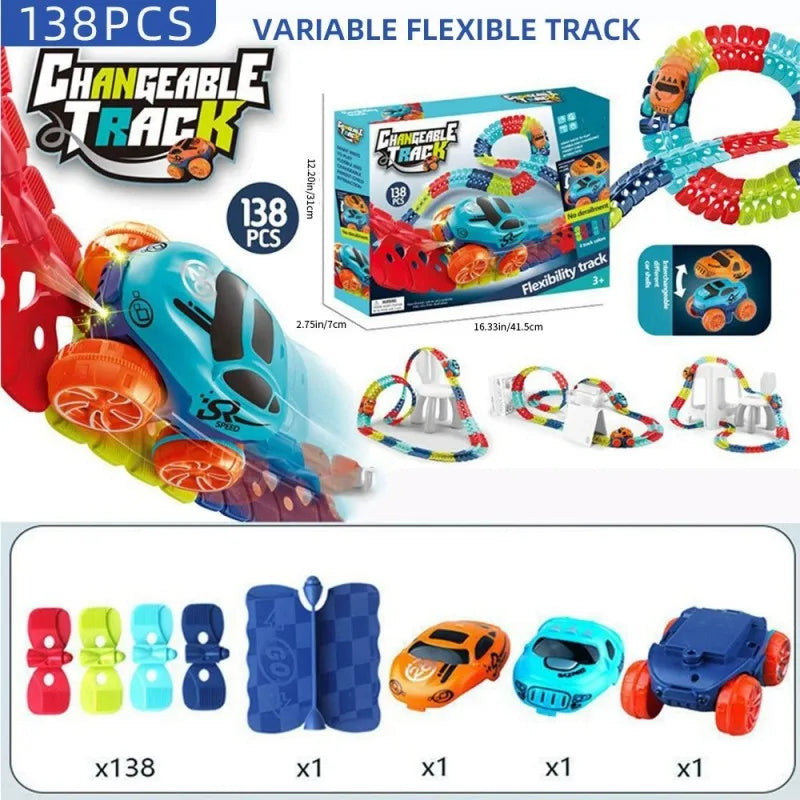 A set of 138 pieces of a variable flexible track for kids race cars with LED features and interchangeable tracks.